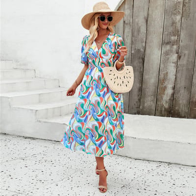 Jurken voor Dames Lente en Zomer Vakantie Print Taille V-hals Chiffon Korte mouw Lange Rok S gray