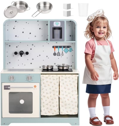 Kinderkeuken, speelkeuken met ijsmachine en magnetron, accessoires en verrassingseffecten, een uitstekend cadeau voor kinderen vanaf 3 jaar, hout + kunststof, blauw, 29x60x81cm