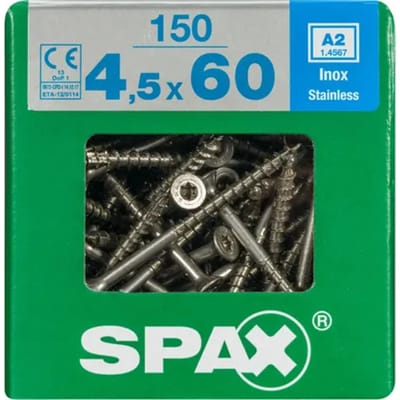 Spax Terrasschroeven. 4.5 x 60mm. lang. 150 stuks. RVS/A2. Vlonderschroef. Torx/T20.