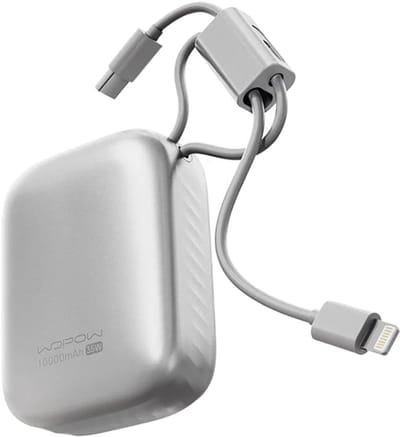 Wopow Powerbank met ingebouwde USB-C & Lightning kabels + USB-A & USB-C poorten, SQ79, 10.000mah, 35W, Zilver, 6933185738311