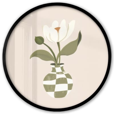Poster in lijst Rond - Fotolijst 40x40 cm - Posters - Vaas - Geruit - Bloem - Groen - Ronde posterlijst zwart - Decoratie - Wanddecoratie woonkamer - Muurdecoratie slaapkamer
