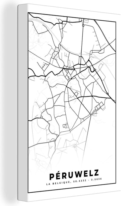 Canvas Schilderij Plattegrond – Péruwelz – Zwart Wit – Stadskaart - Kaart - België - 20x30 cm - Wanddecoratie