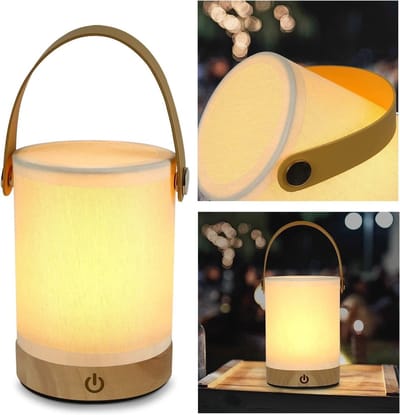 NETTLIFE LED Tafellamp - Touch dimbaar - Beige - Modern - Cilinder - Draadloze oplaadbare - hout en stoffen - Nachtlamp 22cm - draagbare bedlamp - 3W - voor Slaapkamer | Woonkamer | Kantoor | Kinderkamer