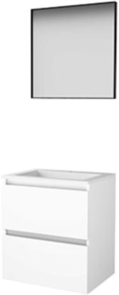 Basic-Line Framed 46 Badkamermeubelset - 60 x 46 cm - Greeploos - 2 Lades - Acryl Wastafel - 1 Kraangat - Spiegel met Zwart Aluminium Frame - Ice White
