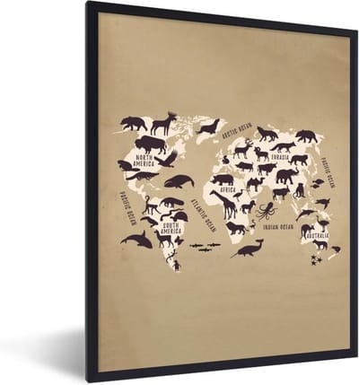 Poster in lijst - Fotolijst 30x40 cm - Posters - Wereldkaart - Dieren - Retro - Posterlijst zwart - Decoratie - Wanddecoratie woonkamer - Muurdecoratie slaapkamer