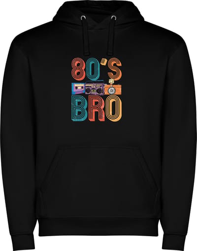 Zwarte unisex hoodie met “ Kleurrijke 80' s Bro met Casettebandje en Ghettoblaster – Humor – Leeftijd “ Print Full Color Color merk Roly maat S