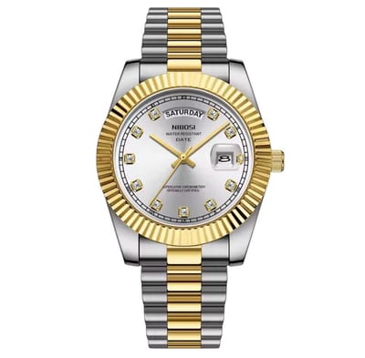 Nibosi - Herenhorloge - Polshorloge - Heren - Horloge - Horlogedoos - Mannen - Zilver Goud Parelmoer Wit - RVS - Diamant