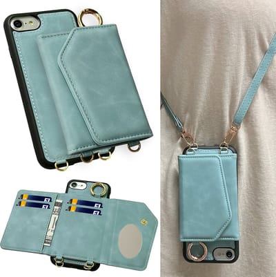 Casemania Hoesje Geschikt voor Apple iPhone SE (2022 / 2020) - 7 / 8 - Aqua Blue - Luxe Telefoonhoes met Koord - Wallet Case met Spiegeltje en Pasjeshouder - Crossbody Draagbaar Alles-in-één Back Cover