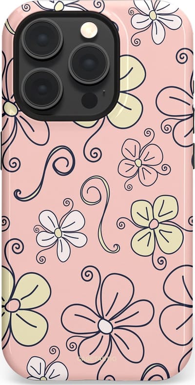 Casetastic hoesje geschikt voor Apple iPhone 15 Pro - MagSafe - Dubbellaagse bescherming - Pastel Perzik Doodle Peach Bloemen - Fashion Case - Zand Zilver Lichtroze