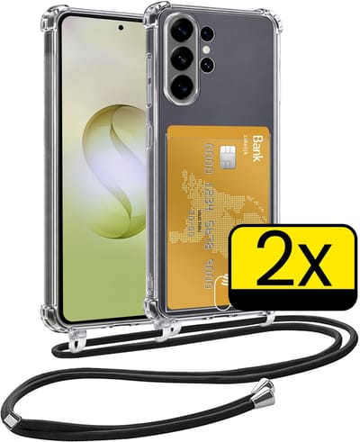 Hoesje Geschikt voor Samsung S26 Ultra Telefoonhoesje Met Koord Case Pashouder Siliconen - Hoes Geschikt voor Samsung Galaxy S26 Ultra Hoesje Met Kaarthouder - Transparant - 2 Stuks
