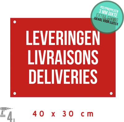 Pictogram/ bord + boorgaten | "Leveringen/ Livraisons/ Deliveries" | 40 x 30 cm | 3 talen | Goederen | Onthaal | Magazijn | Receptie | Leveranciers | Vrachtwagen | Ontvangst | Stevig materiaal | 1 stuk