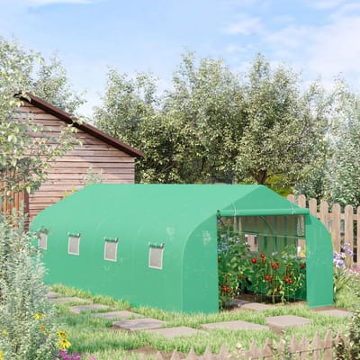 MODFU - Broeikas - Met Zadeldak En Ventilatievensters - Voor Tuin - Verzinkt Staal En Kunststof - Groen - 595 X 300 X 200 Cm