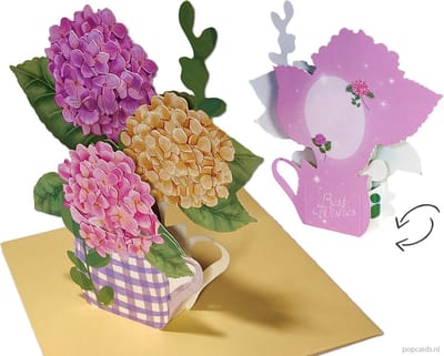 Popcards popupkaarten – Vaas met Hortensias Verjaardagskaart Huwelijk Bloemen Hortensia Vriendschap Felicitatie Huwelijk Beterschap Troost pop-up kaart 3D wenskaart