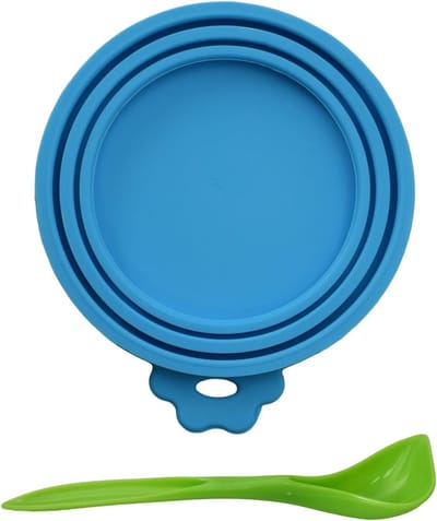 Herbruikbare silicone deksels voor honden- en kattenvoer, 6 stuks met lepel, standaardmaat en lichtblauw