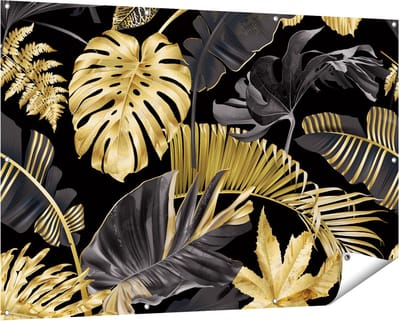 Gards Tuinposter Gouden Tropische Bladeren - 150x100 cm - Tuindoek - Tuindecoratie - Wanddecoratie buiten - Tuinschilderij