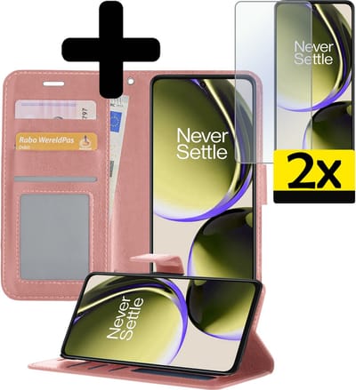 Hoesje - Met 2x Screenprotector - Geschikt voor OnePlus Nord CE 3 Lite - Luxe Pasjeshouder - Bookcase Portemonee - Flip Case - Kunstleer Book Case - Flipcase Hoes - Book Cover - Walletcase - Portemonneehoes - Telefoonhoesjes - Rosé goud