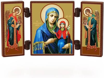 Religieuze Iconen - Reisaltaar Drieluik - Spirituele Ceremonies - Handgemaakt MDF Hout - 9.5 x 5 cm - Goud Zilver