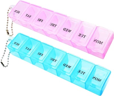 Handige 2-delige pillendoos voor reizen, 7 dagen medicijnorganizer met vakjes voor vitamines, supplementen en codliverolie (Roze & Blauw)