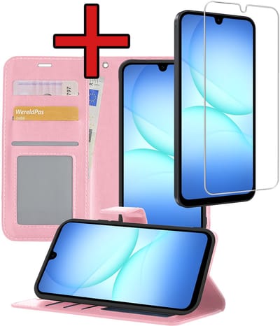 Hoesje - Met Screenprotector - Geschikt voor Samsung Galaxy A17 - Luxe Pasjeshouder - Flipcase - Bookcase Portemonee - Flip Case - Kunstleer Book Case - Book Cover - Walletcase - Portemonneehoes - Telefoonhoes - Lichtroze