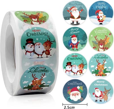 Kerst Stickers voor kaarten op Rol - 500 Merry Christmas ronde stickers - 8 vrolijke designs - Zegels voor enveloppen. Leuke decoratie voor kerstkaarten & cadeaus