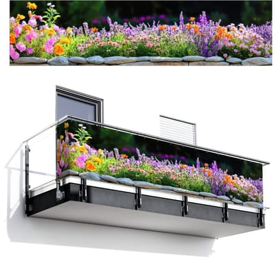 Balkonscherm 500x120 cm - Balkonposter Bloemen - Steenrand - Kleurrijk - Balkon scherm decoratie - Balkonschermen - Balkondoek zonnescherm