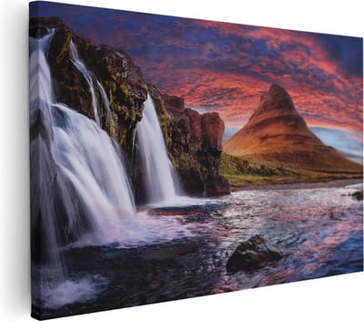 Artaza Canvas Schilderij Landschap IJsland - 30x20 cm - Klein - Wanddecoratie Waterval - Muurdecoratie Zonsondergang - Kamer Accessoires Natuur