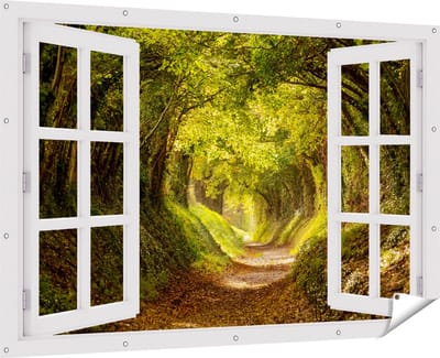 Gards Tuinposter Doorkijk Pad in het Bos met veel Bladeren - 180x120 cm - Tuindoek - Tuindecoratie - Wanddecoratie buiten - Tuinschilderij