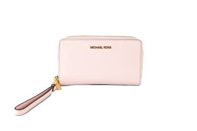 Michael Kors Jet Set Grote Signature Leer Flap Multifunctionele Telefoon Clutch Portemonnee (Poeder Roze Effen/Goud)