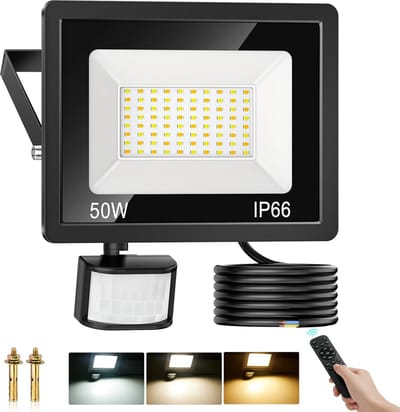 LED-spot met Bewegingsmelder voor Buiten - 50W, Dimbare en Waterdichte Buitenschijnwerper, 4500 lm