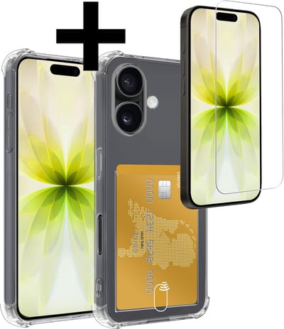 Hoesje - Geschikt voor Apple iPhone 17 - Met Screenprotector - En Pashouder - En Kaarthouder - Telefoon Hoes Shockproof - Siliconen Case - Back Cover - Shock Proof - Pasjes Houder - Telefoonhoesjes - Transparant