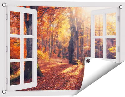 Gards Tuinposter Doorkijk Oranje Herfstbos met Zonneschijn - 60x40 cm - Tuindoek - Tuindecoratie - Wanddecoratie buiten - Tuinschilderij