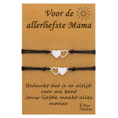 Moeder Kind Armbandjes voor 2 "Voor de Allerliefste Mama" - Hartjes - Vriendschapsarmbandjes met Persoonlijk Cadeau Kaartje - Zilverkleurig - Elastisch Verstelbaar - Pax Amare