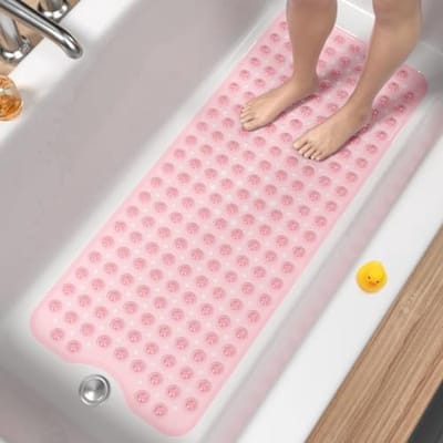 PromoHome Antislip Badmat Extra Groot 100x40 cm - Douchemat met Zuignappen en Afvoergaten - Anti-Schimmel Machinewasbare Badkamer Mat - Zacht PVC Materiaal - Roze