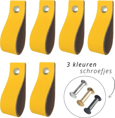Handles and more - 6x Leren handgrepen lusjes - Geel - XS (12,6cm) - incl. 3 kleuren schroefjes (handgreepjes - leren handgrepen - greepjes - leren lusjes)
