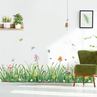 decalmile Groen Gras Bloem Muurstickers Bloemen Vlinder Plint Plint lijn Muurtattoo Slaapkamer Woonkamer Sofa TV Achtergrond Wanddecoratie(Breedte: 162CM)