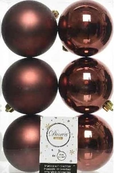 Decoris Kerstballen - 6x st - mahonie bruin - D8 cm - kunststof - mat/glans - kerstversiering - onbreekbare kerstballen