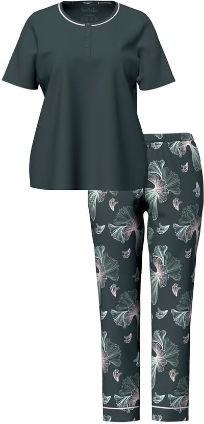 Ulla Popken - Dames - Pyjama ginkgopatroon ronde hals korte mouw - Donkergrijsgroen - Maat 42+
