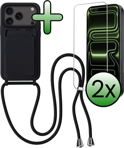 Hoes Geschikt voor iPhone 17 Pro / 18 Pro Hoesje Pas Houder Case Hoes Met Koord Met 2x Screenprotector - Hoesje Geschikt voor iPhone 17 Pro / 18 Pro Hoes Met Telefoonkoord Pasjeshouder Cover - Zwart