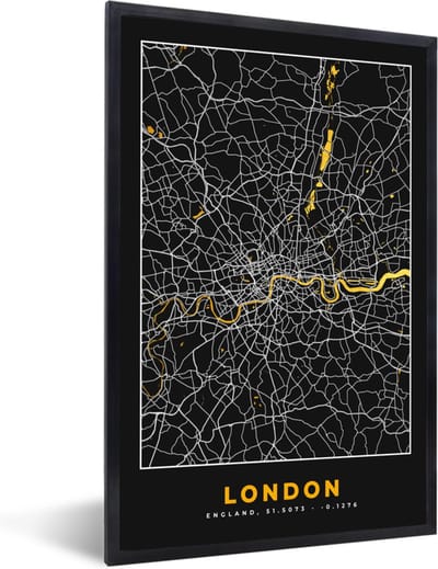 Fotolijst incl. Poster - Londen - Stadskaart - Plattegrond - Goud - Kaart - 40x60 cm - Posterlijst