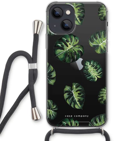 Case Company® - Hoesje met koord geschikt voor iPhone 13 hoesje met Koord - Tropische bladeren - Telefoonhoesje met Zwart Koord - Bescherming aan alle Kanten en Over de Schermrand