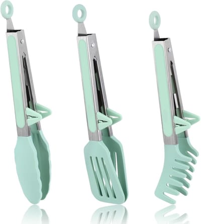 QTTVBTNA -3-delige Keukentang Set 26 cm – Roestvrijstalen Tangen met Siliconen Tips – Nudel-, Grill-, Salat- en Serviertang – Veilig en Hittebestendig voor Koken en BBQ – Groen