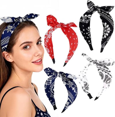 4 Stuks Vintage Haarbanden met Strik in Paisley Motief - Rockabilly Haaraccessoires voor Dames en Meisjes, Non-Slip en Stijlvol