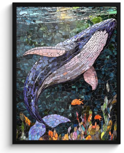 Poster in lijst - Fotolijst 50x70 cm - Posters - Mozaïek - Walvis - Koraal - Water - Posterlijst zwart - Decoratie - Wanddecoratie woonkamer - Muurdecoratie slaapkamer