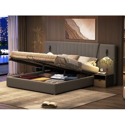 ModernLuxe Fluweel gewatteerd opbergbed - 180x200cm - met leeslampjes en oplaadpoort - Grijs