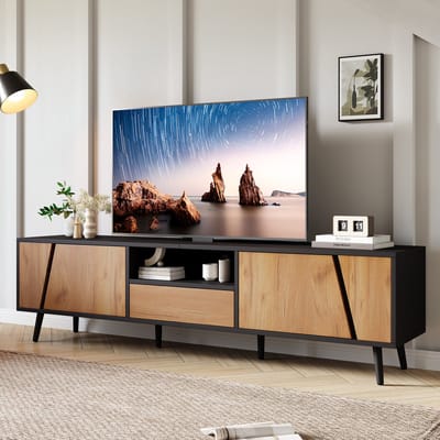 MODENUIT Tv-Meubel - Met 2 Kasten - Lade En Open Vak - Voor Woonkamer - 180x40x46cm - Zwart+Natuurlijk