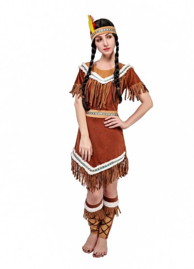 Kostuum Vrouw Indianen – Inclusief Jurk, Riem, Beenwarmers en Hoofdtooi – Carnaval & Verkleedkleding – Maat S
