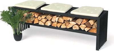 Brandhoutrek met bank - Houtopslag met zitje - Haardhout opbergen - Modern design - 150 cm breed - Zwart