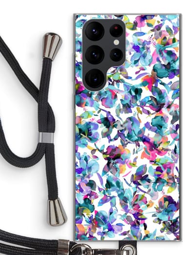 Hoesje met koord geschikt voor Samsung Galaxy S22 Ultra hoesje met Koord - Hibiscus Flowers - Telefoonhoesje met Zwart Koord - Bescherming aan alle Kanten en Over de Schermrand