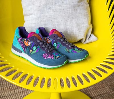 Inkkas Bahia dames sneaker – comfortabele suède sneaker met jungleprint – groen/paars/oranje, Maat 37