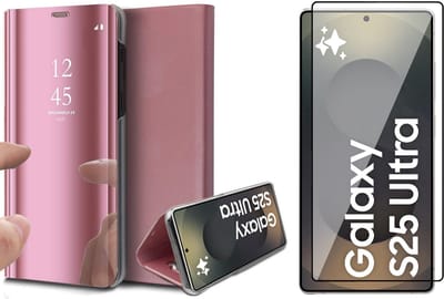 Hoesje geschikt voor Samsung Galaxy S25 Ultra - Screenprotector Glas - Spiegel Book Case Rosegoud